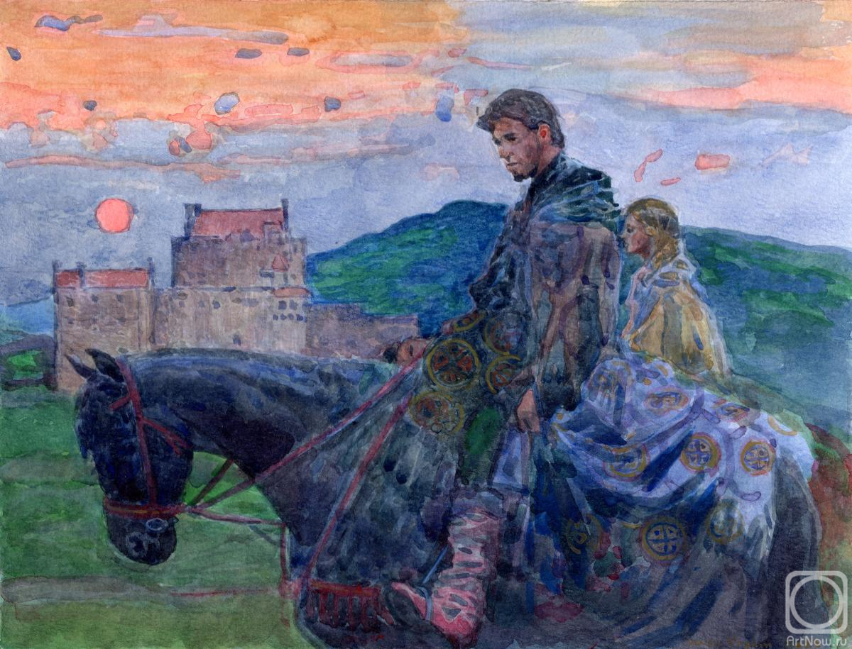 Картина. Кожин Семён. Иллюстрация с сказке Братьев Гримм Рапунцель. Принц и Рапунцель у замка