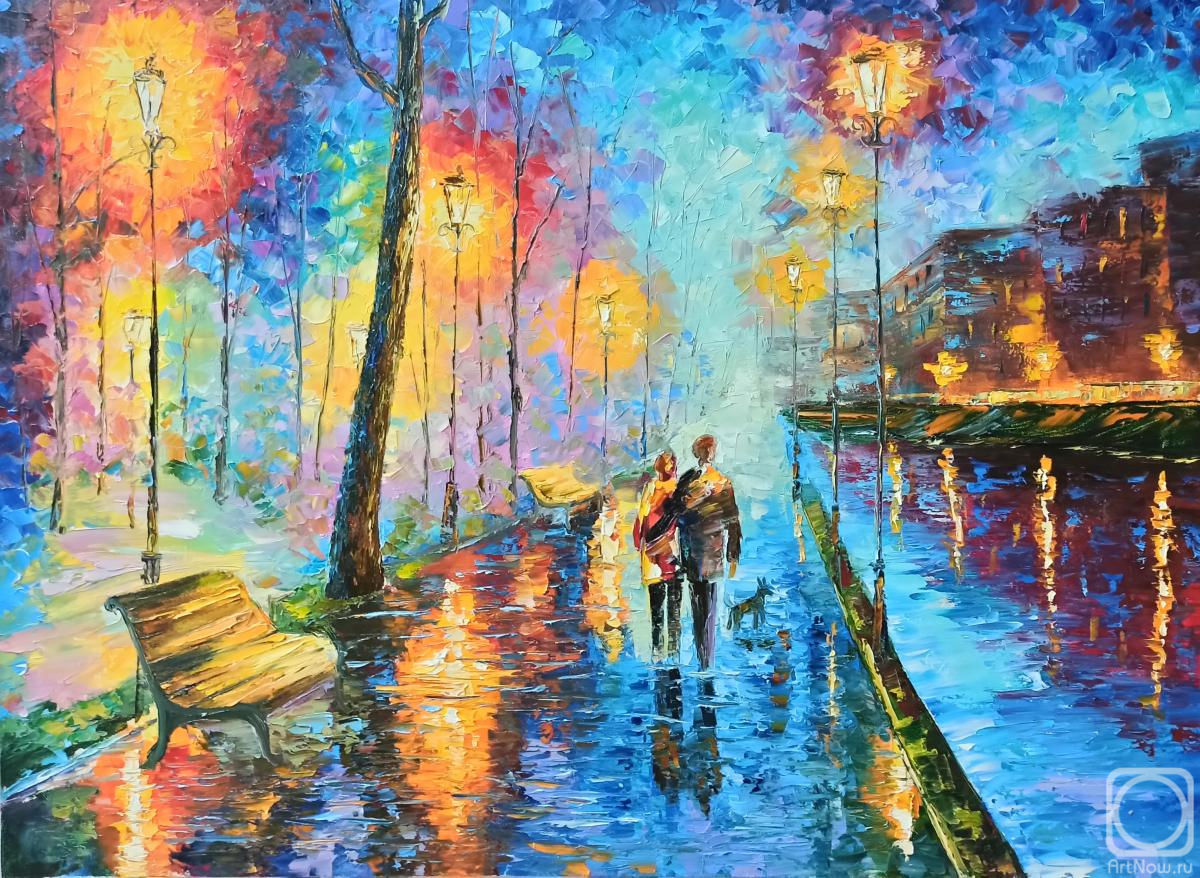 Картина маслом на холсте. Черных Василий. Семейная прогулка по ночному городу