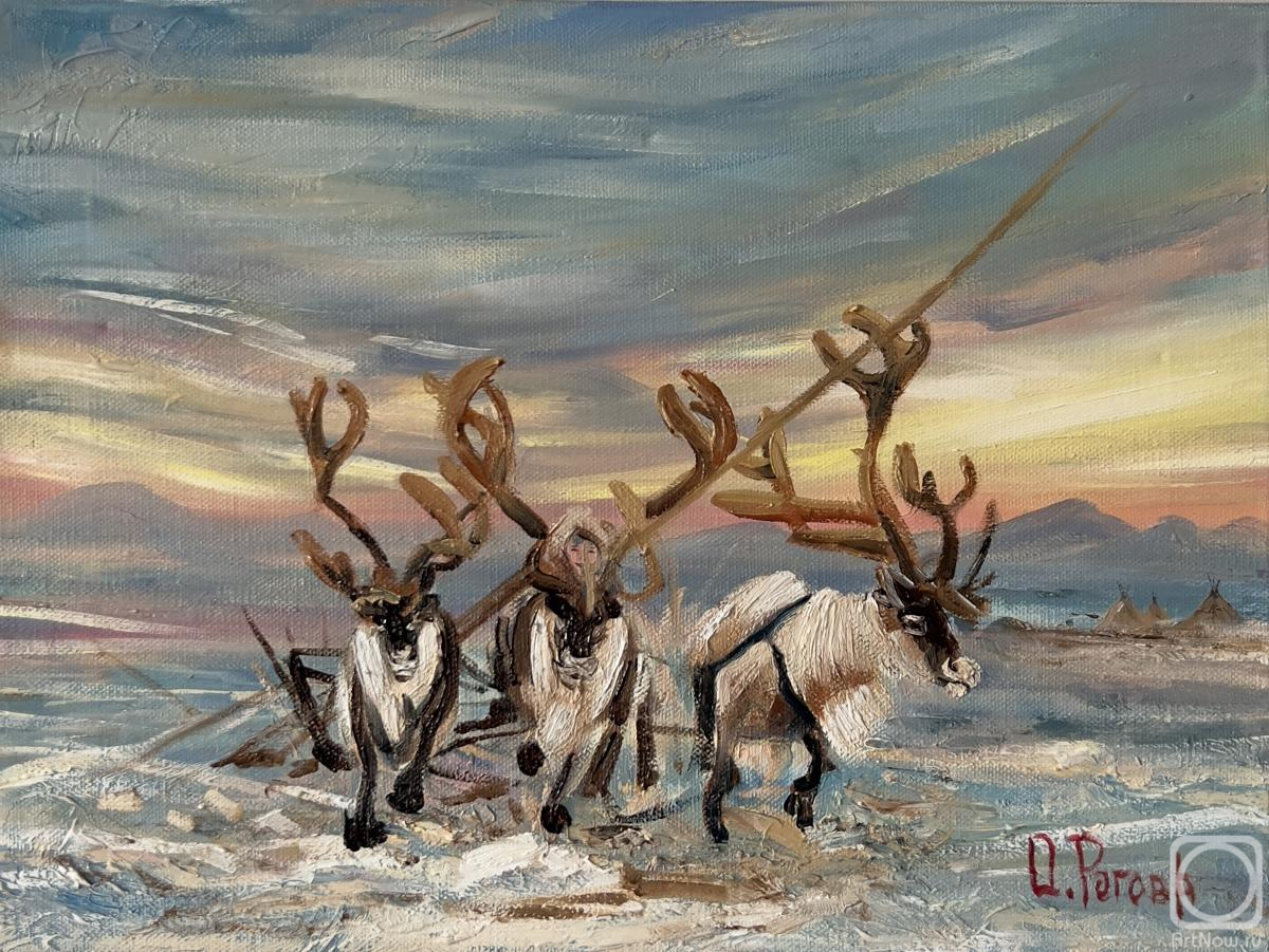 Картина маслом на холсте. Рогова Оксана. Северные олени летят по тундре