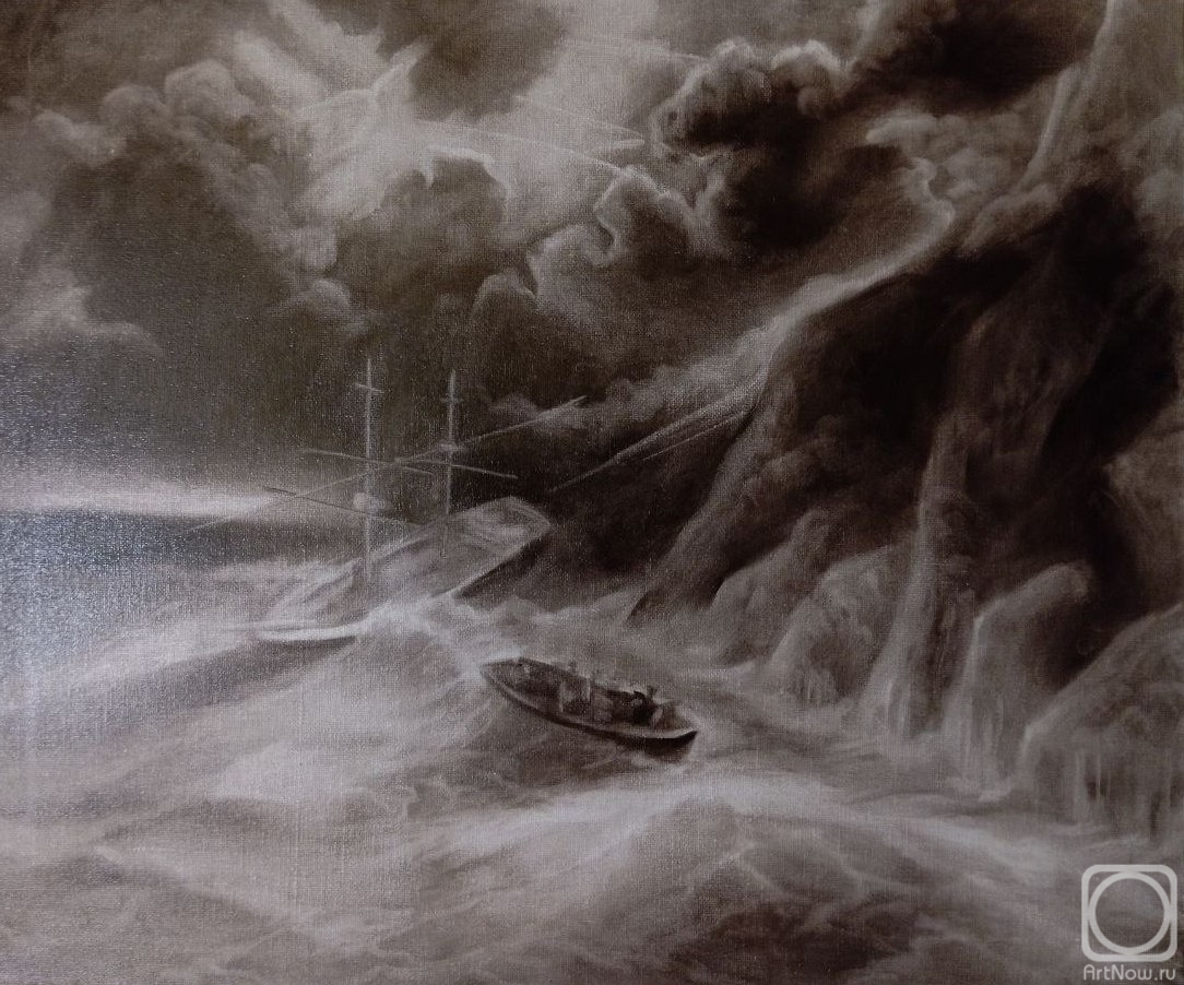 Картина маслом на холсте. Скар Виктория. Корабль на волнах возле скал