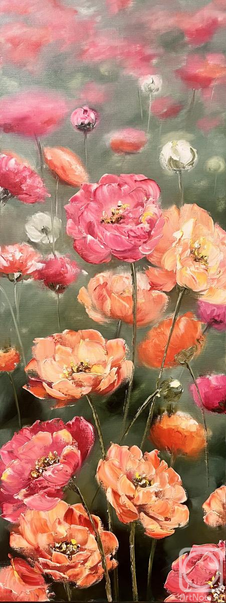 Картина маслом на холсте. Скромова Марина. Узкая картина с яркими маками