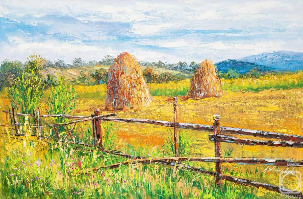 Картина маслом на холсте. Влодарчик Анджей. Пронизанные летним зноем. Стога в поле