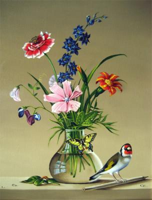 Bouquet of flowers, butterfly and bird