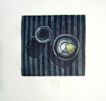 Still life with stripy tablecloth. Monakhov Ruben