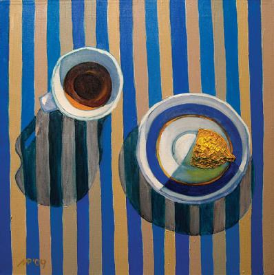 Still life with stripy tablecloth. Monakhov Ruben