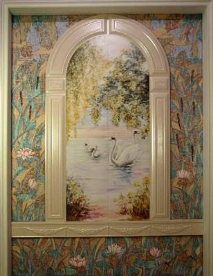 Decorative panel "Swans" (printing on ceramics) in the author's frame (painting). Kolokolov Anton