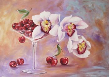 Panel-batik "Cherries and orchids"