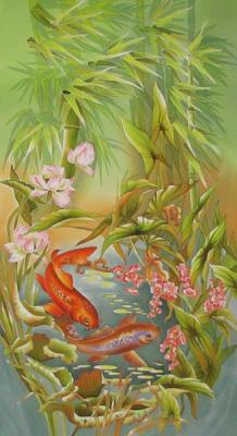 Panel-batik "Fish and bamboo"