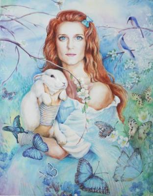 Portrait of a lady with a rabbit. Spring. Sokolova Lyudmila