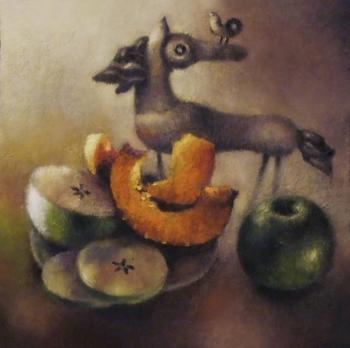The still life with pumpkin and apples