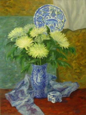 Still life with chrysanthemums and porcelain plate. Lukaneva Larissa