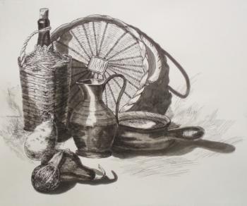 561 (Still life with basket, wicker bottle of wine and pumpkins). Lukaneva Larissa