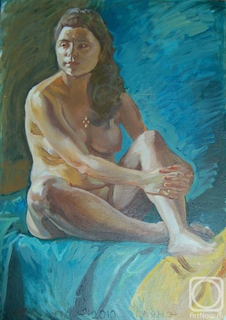 Dobrovolskaya Gayane. Naked girl sitting near the blue background