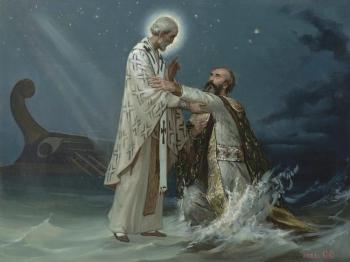 Saint Nicholas the Wonderworker. Rescue in the sea of the Byzantine patriarch Athanasius. VIIIth century