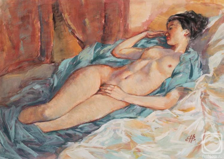 Vyrvich Valentin. Lying on the blue bedspread