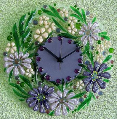 Wall clock "Wreath of chrysanthemums" glass fusing