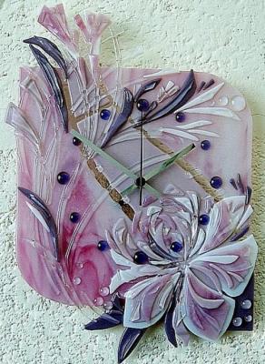 Wall clock "Pink Peony" glass fusing