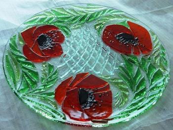 Glass dish for the holiday table, "The red poppies" fusing