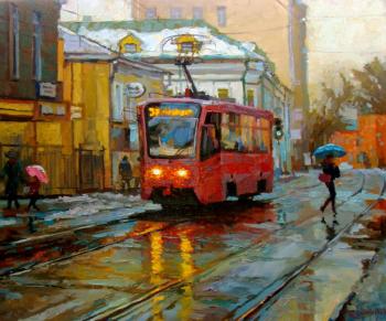 Crimson tram on Baumanskaya Street