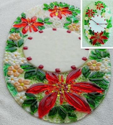 Wall clock "Red Clematis" -2, fusing, glass
