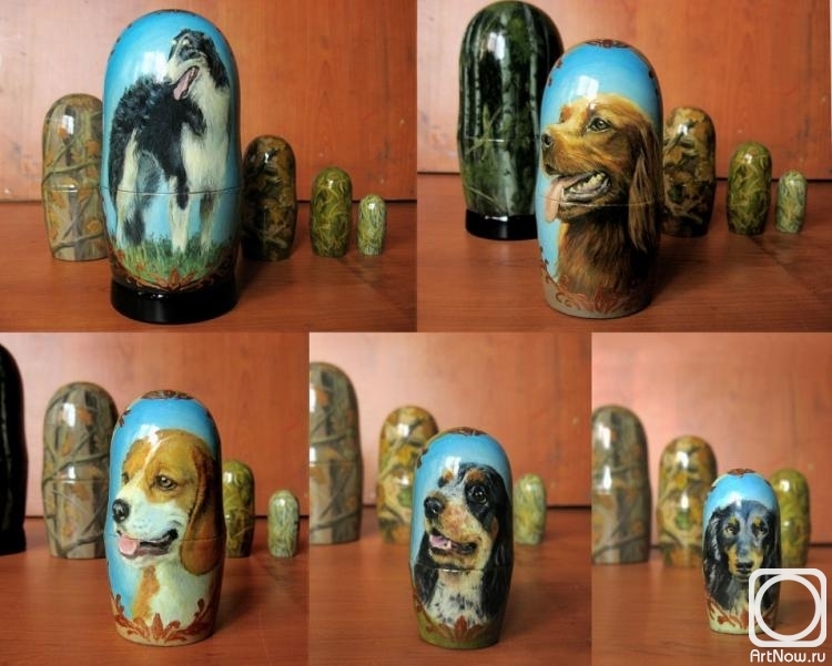 Novodvorskaya Alexandra. Nested doll painted with portraits of dogs of hunting breeds; 5 places