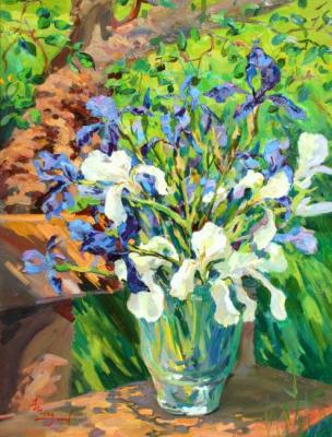 May morning. Irises. White with Blue
