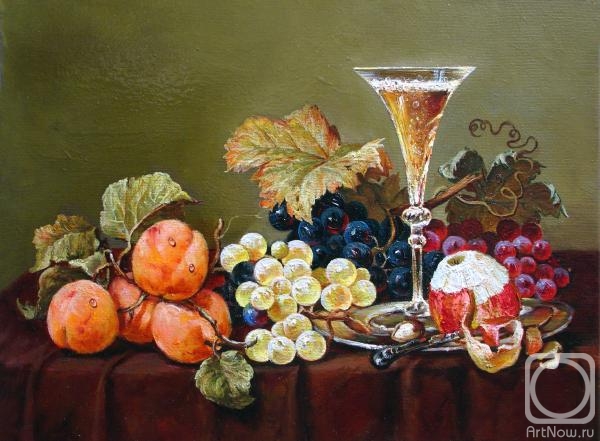 Zhukoff Fedor. Still-life with a glass of champagne, grapes and apricots
