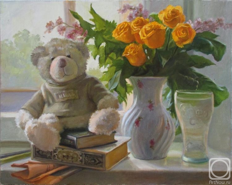 Shumakova Elena. Teddy bear and roses on the window