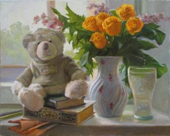 Teddy bear and roses on the window. Shumakova Elena