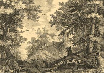 Forest landscape with two hunters