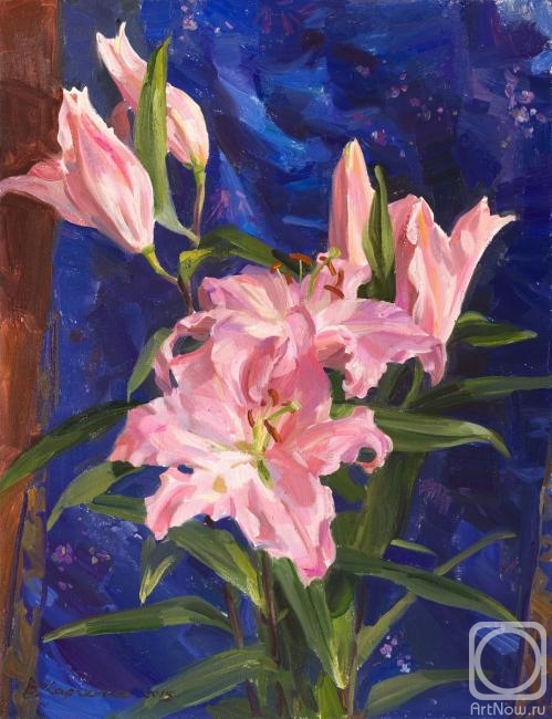 Kharchenko Victoria. Pink lilies and Chinese silk