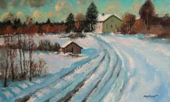 Painting Snowy March in the village. Kremer Mark