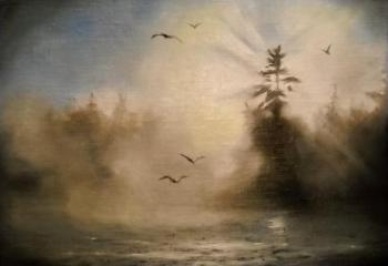 Morning, fog, sun, trees, river, sunset, cloudy, sunny, evening, silence. Kuznetsov Sergey