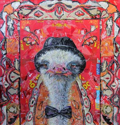 Portrait of an ostrich in the background of a carpet