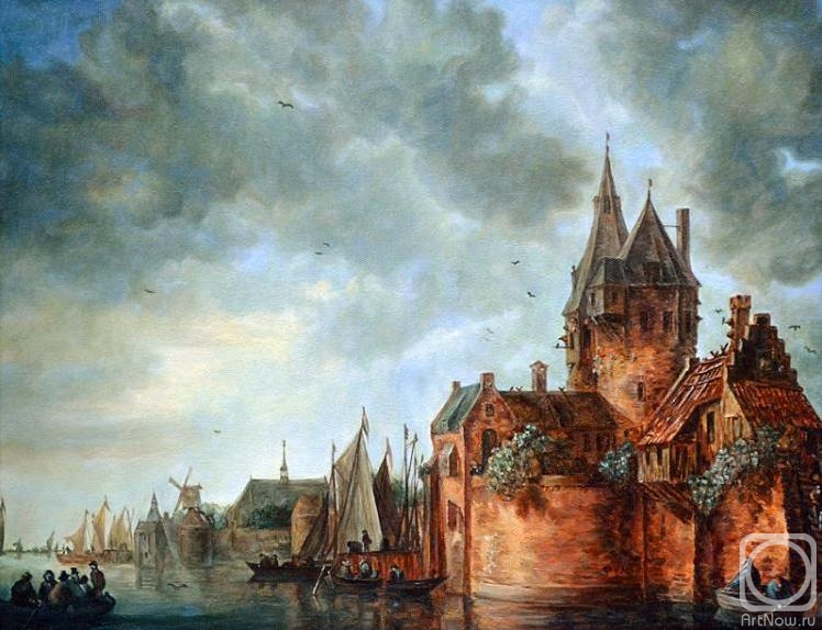 Dobrovolsky Arthur. Castle by the river with boats at the pier (copy of the painting by Jan Van Goyen)