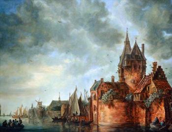 Castle by the river with boats at the pier (copy of the painting by Jan Van Goyen). Dobrovolsky Arthur