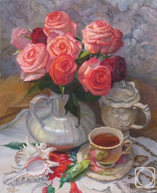 Shumakova Elena. Roses and a cup of tea