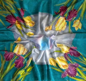 Large batik scarf "Irises on emerald"