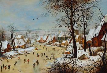 Bruegel. Winter landscape with a trap for birds