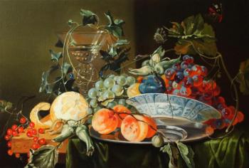 Still life with cup, butterfly, lemon and grapes