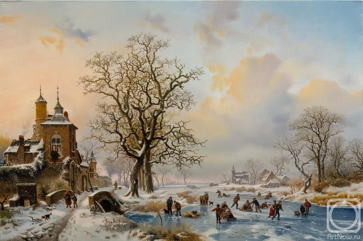 Elokhin Pavel. Winter landscape with skaters near a castle