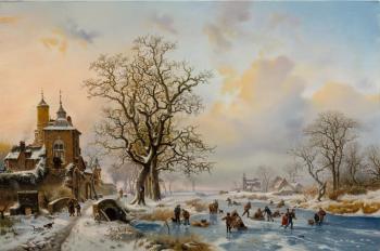 Winter landscape with skaters near a castle