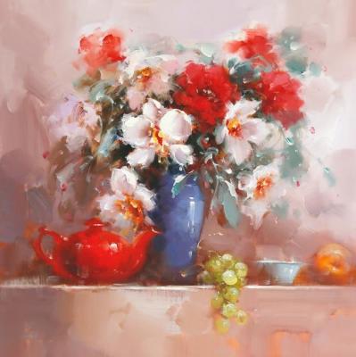 Bouquet with poppies, orchid and fruit. Solovyov Vasily