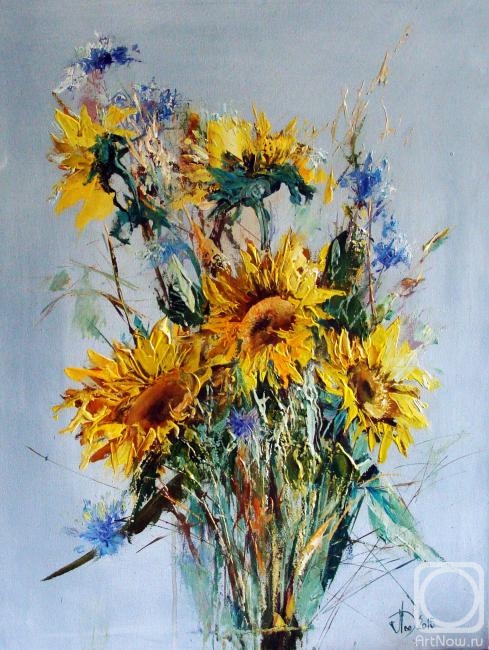 Lednev Alexsander. Sunflowers with cornflowers