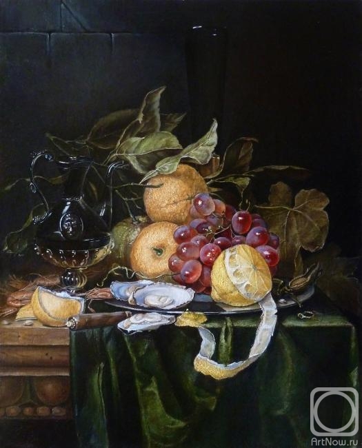 Yudina Ekaterina. Venetian glass jug, lemon, grapes, oysters, shrimps, hazelnuts... on a partially draped table. Pieter de Ring (copy)