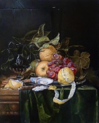 Venetian glass jug, lemon, grapes, oysters, shrimps, hazelnuts... on a partially draped table. Pieter de Ring (copy). Yudina Ekaterina