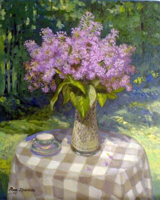 Lilac on a checkered tablecloth