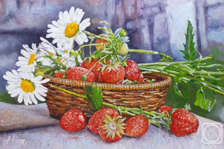 Volya Alexander. Chamomile flowers and strawberries. Summer