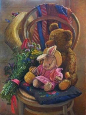Painting Vintage toys and a bouquet. Shumakova Elena