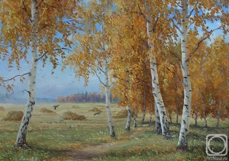 Panov Aleksandr. Birches with yellow carvings shine in the azure blue